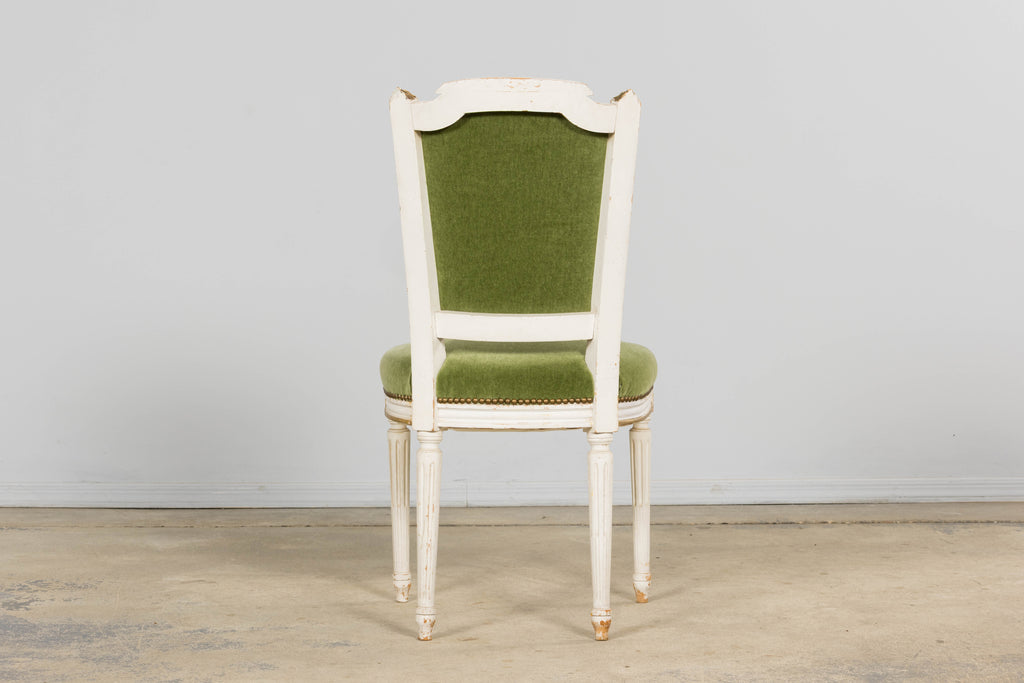 Antique French Louis XVI Style Painted Accent Chair in Moss Green Mohair
