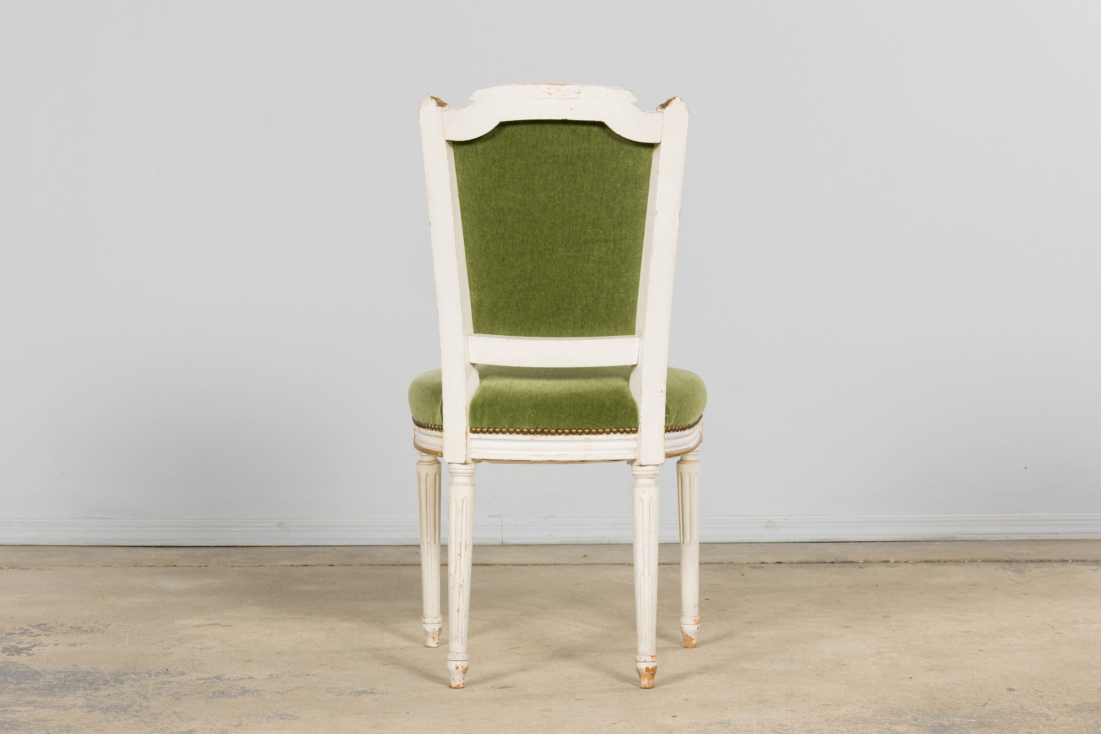 Antique French Louis XVI Style Painted Accent Chair in Moss Green Mohair