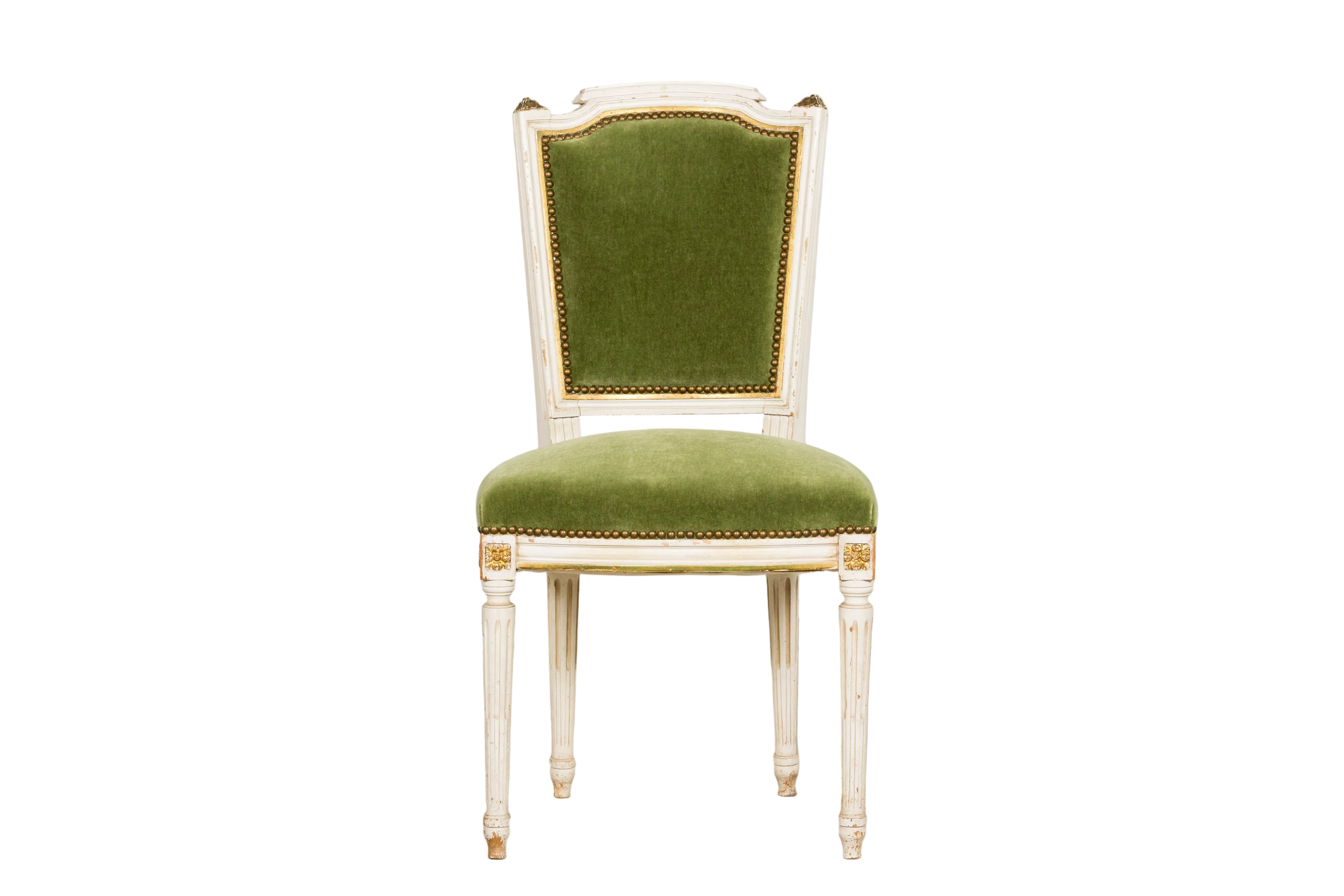 Antique French Louis XVI Style Painted Accent Chair in Moss Green Mohair