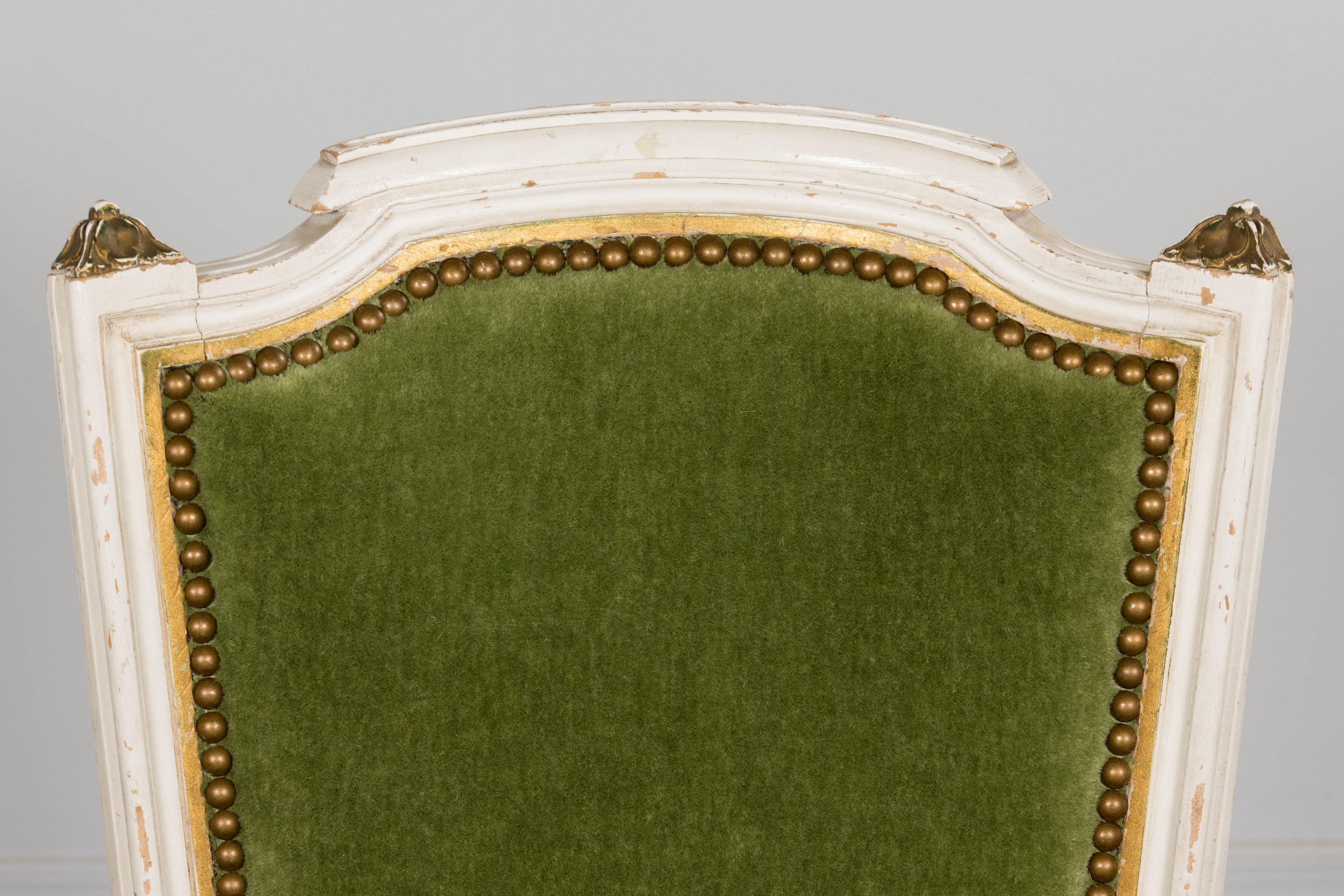 Antique French Louis XVI Style Painted Accent Chair in Moss Green Mohair