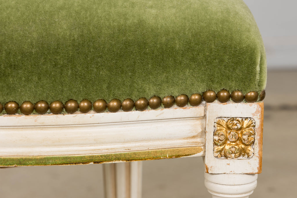 Antique French Louis XVI Style Painted Accent Chair in Moss Green Mohair