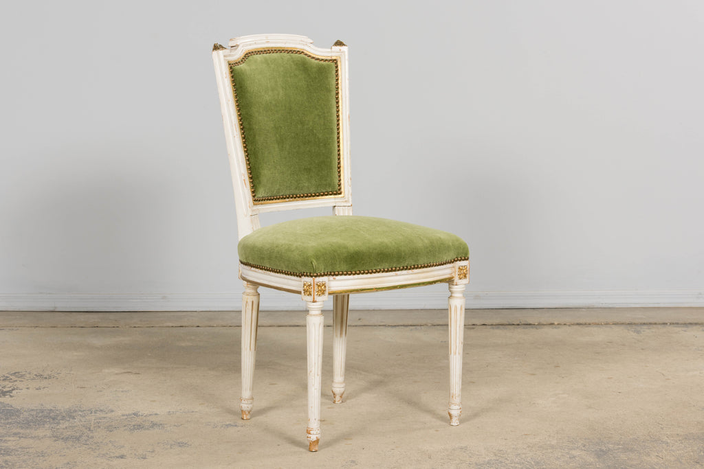 Antique French Louis XVI Style Painted Accent Chair in Moss Green Mohair