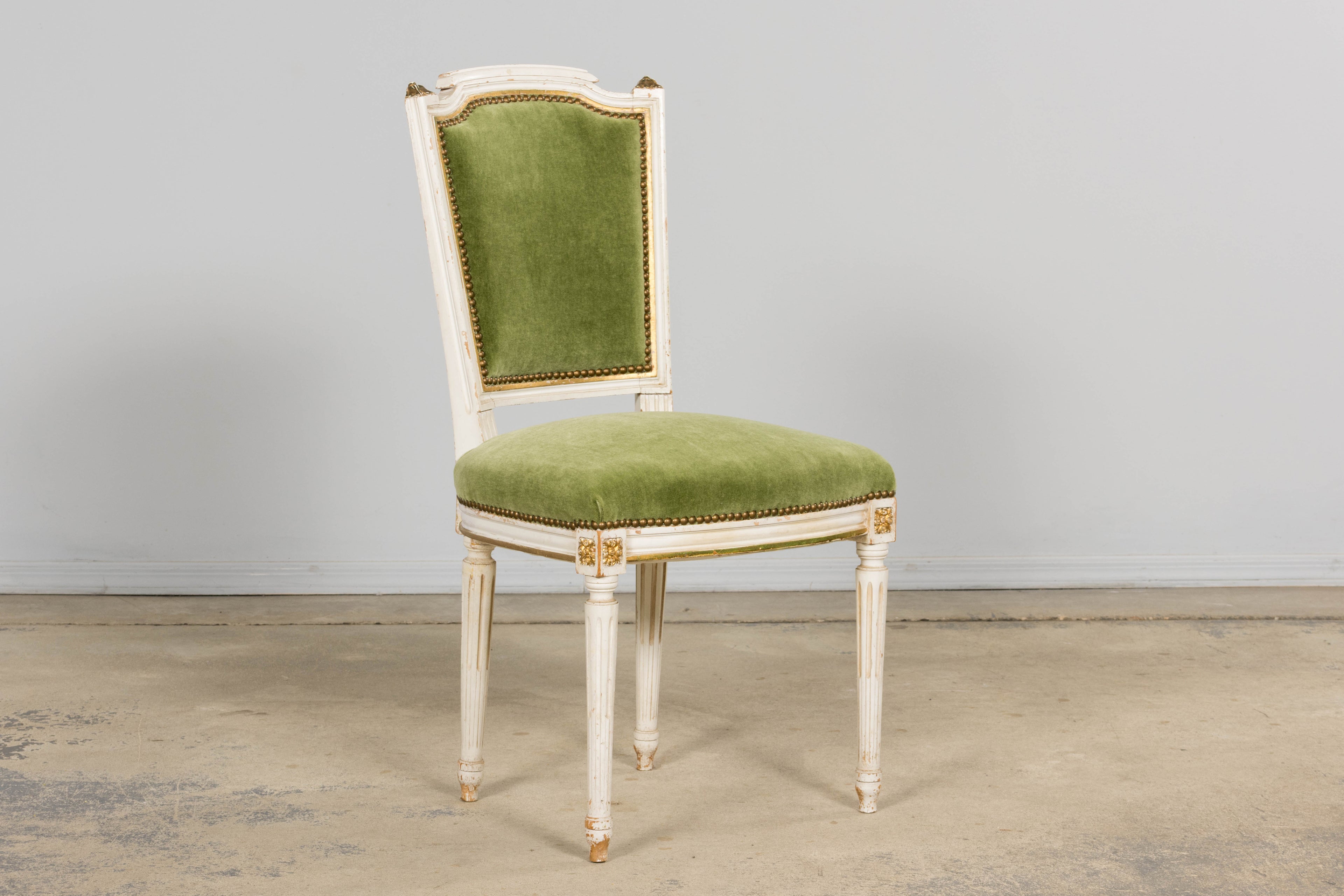Antique French Louis XVI Style Painted Accent Chair in Moss Green Mohair