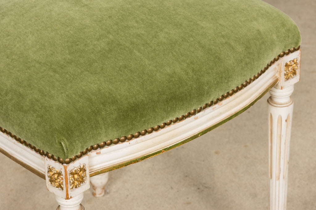 Antique French Louis XVI Style Painted Accent Chair in Moss Green Mohair