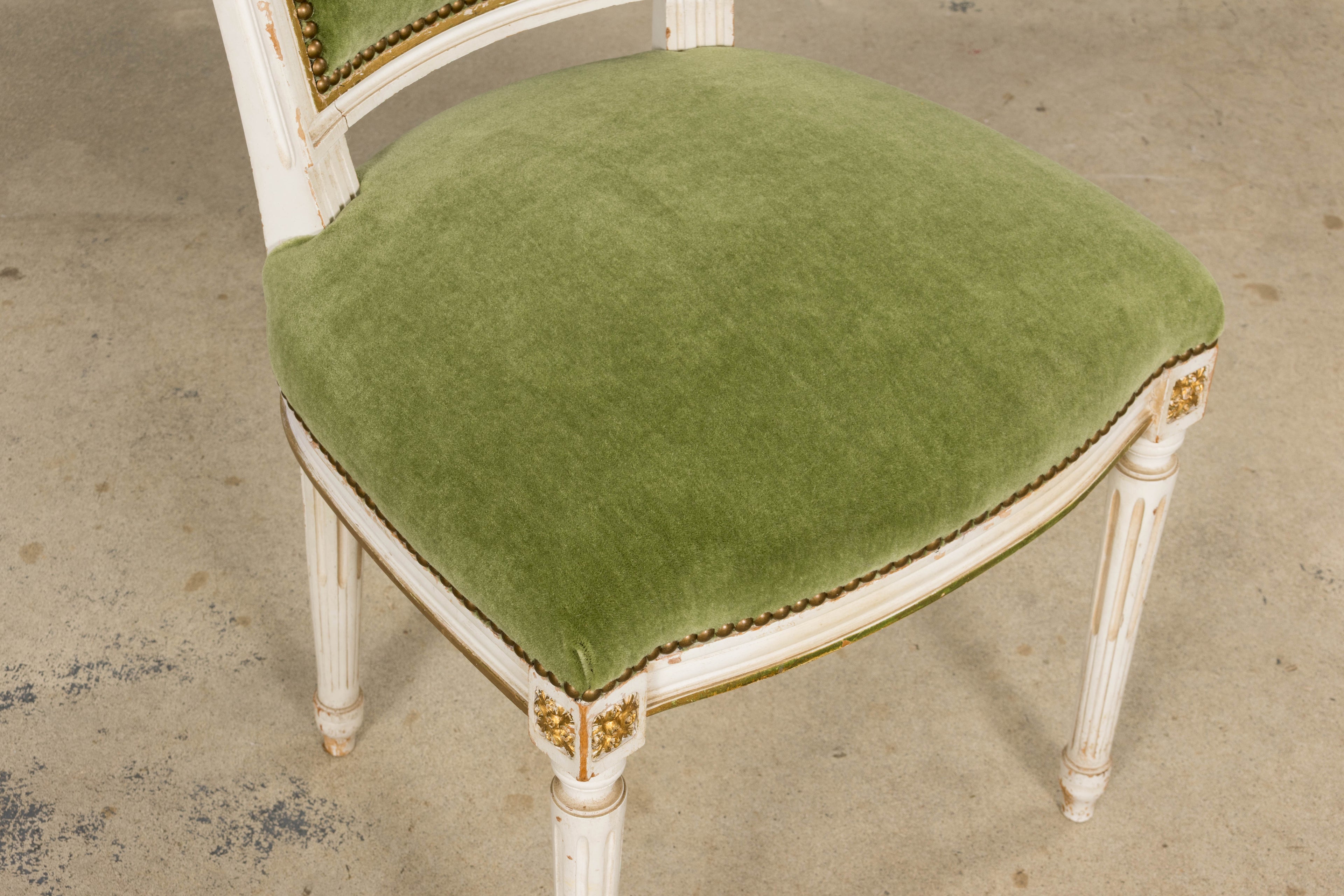 Antique French Louis XVI Style Painted Accent Chair in Moss Green Mohair