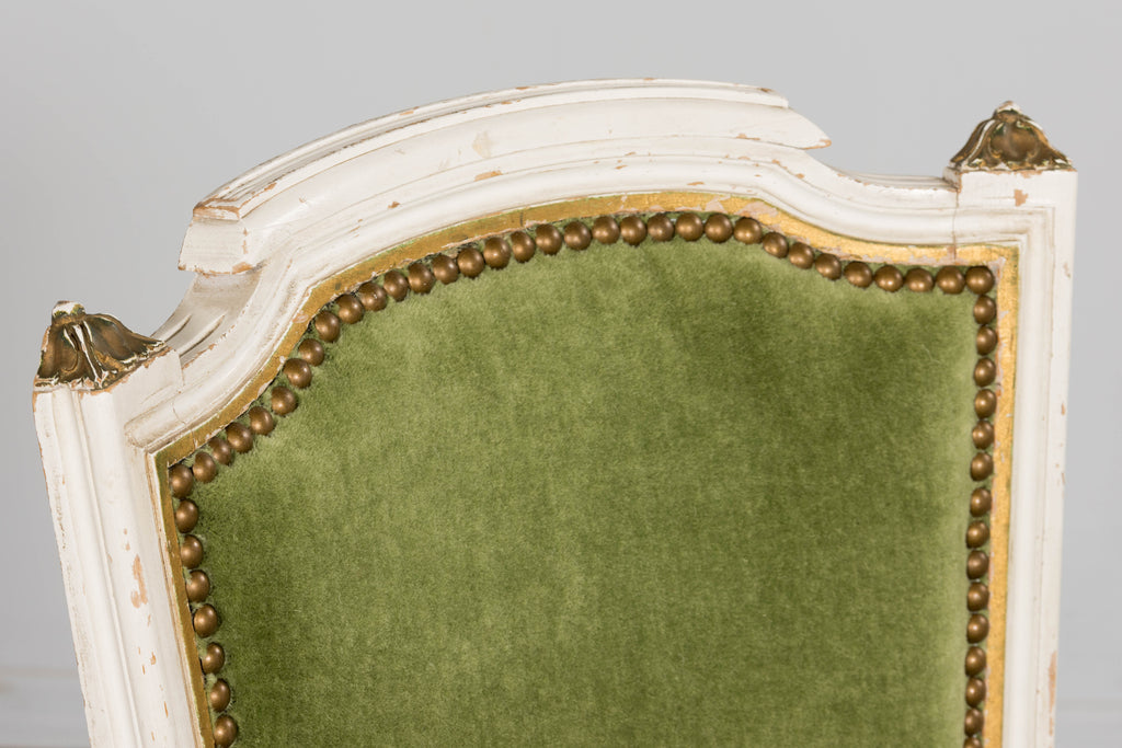 Antique French Louis XVI Style Painted Accent Chair in Moss Green Mohair