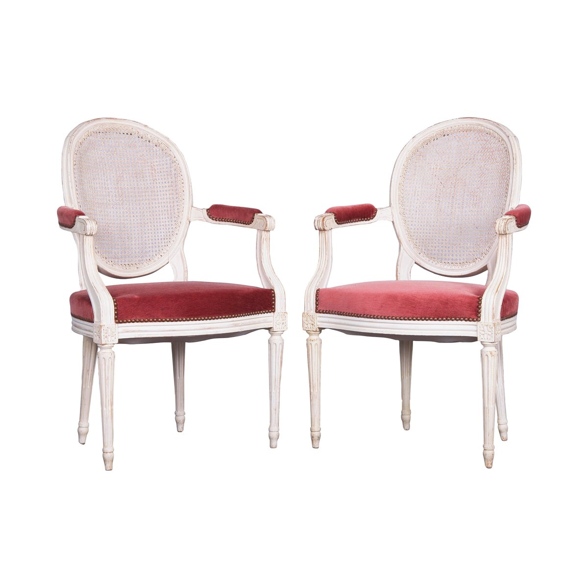 Antique French Louis XVI Style Painted Armchairs W/ Cane Back and Pink Mohair - a Pair