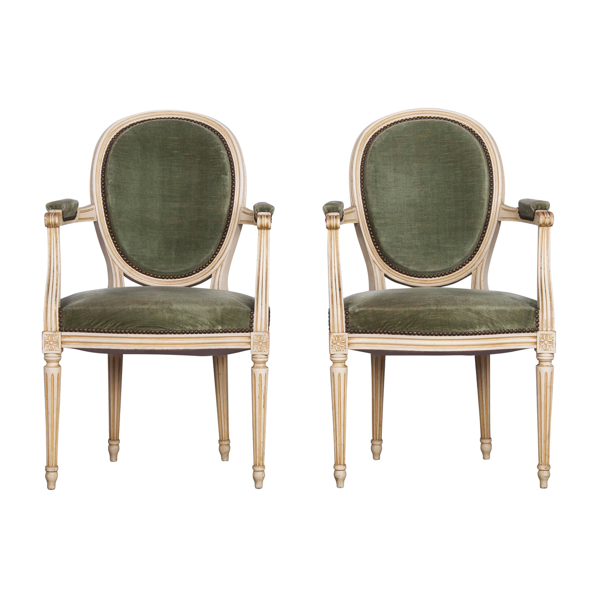 Antique French Louis XVI Style Painted Armchairs W/ Green Velvet - A Pair