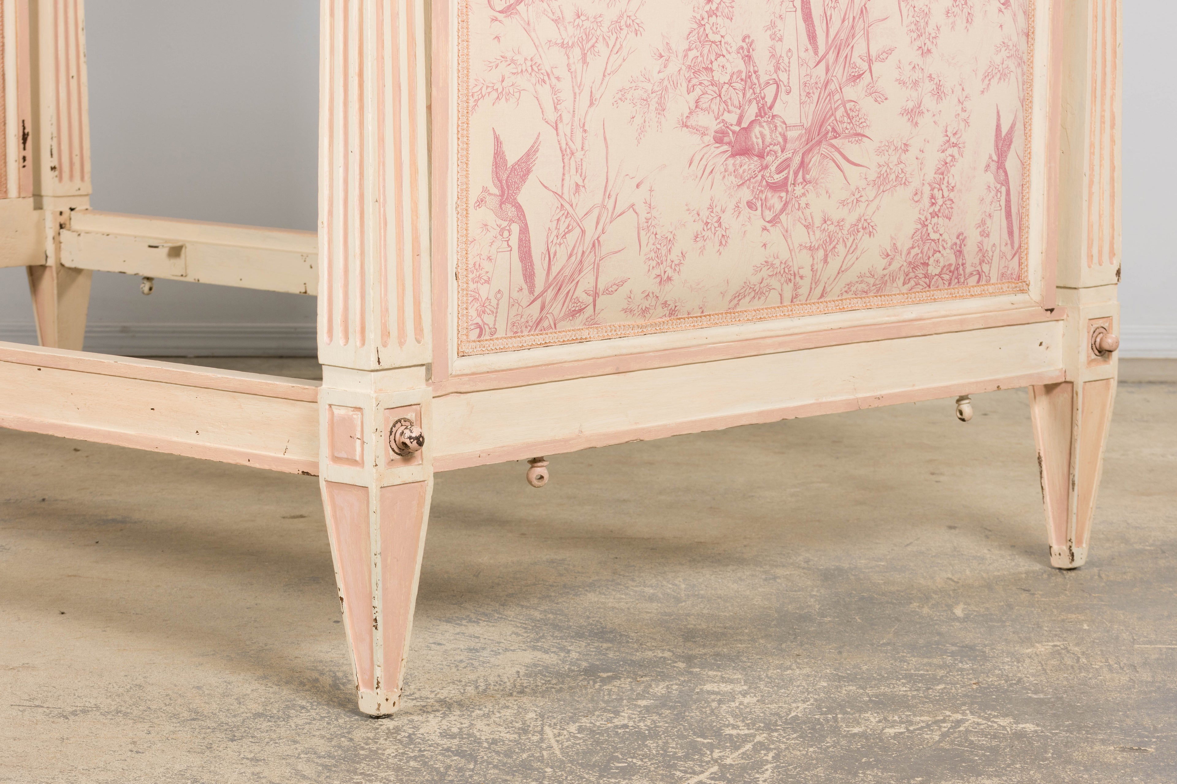 Antique French Louis XVI Style Painted Bed with Toile Panels, 19th Century