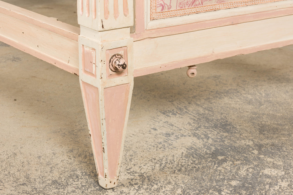 Antique French Louis XVI Style Painted Bed with Toile Panels, 19th Century