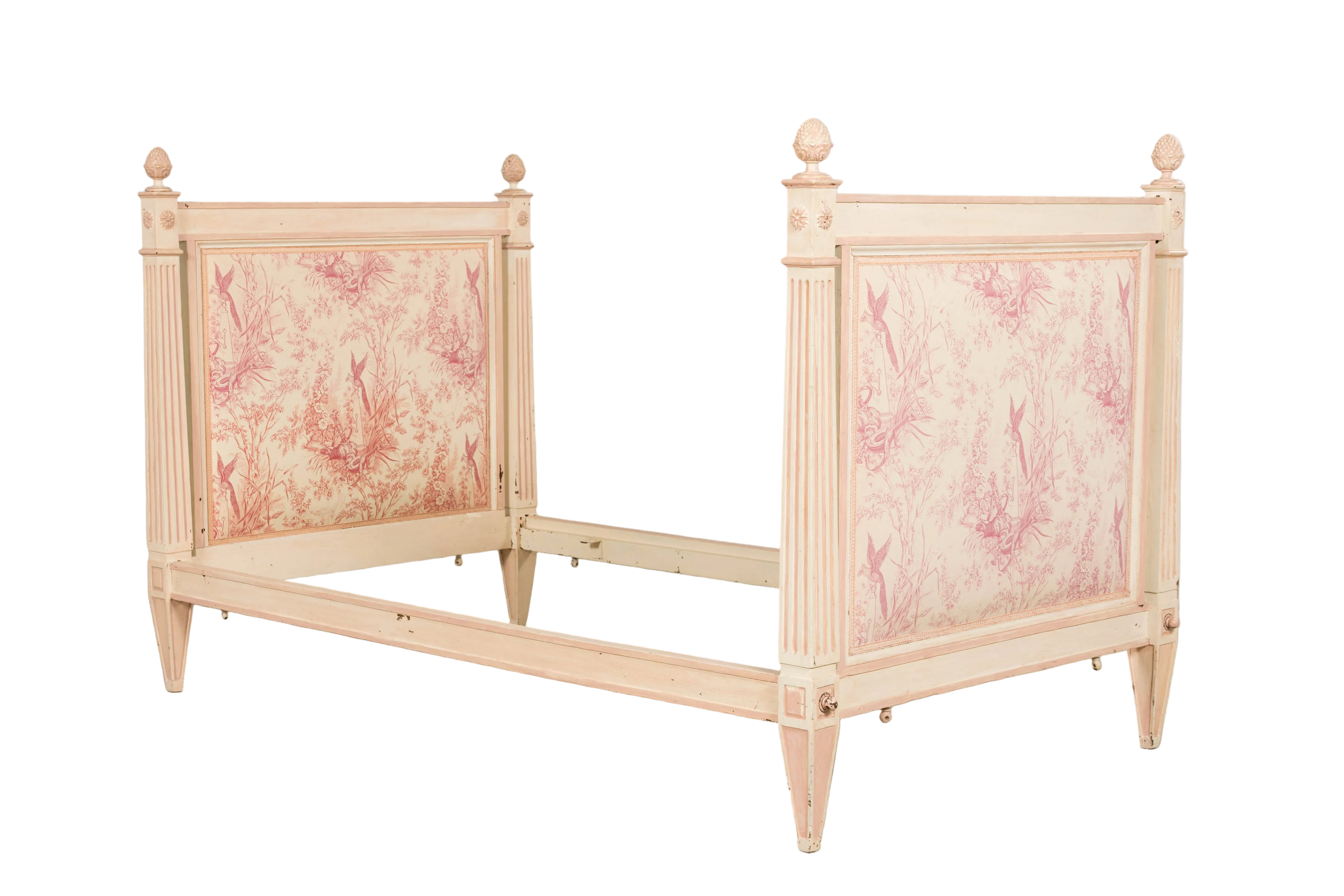 Antique French Louis XVI Style Painted Bed with Toile Panels, 19th Century