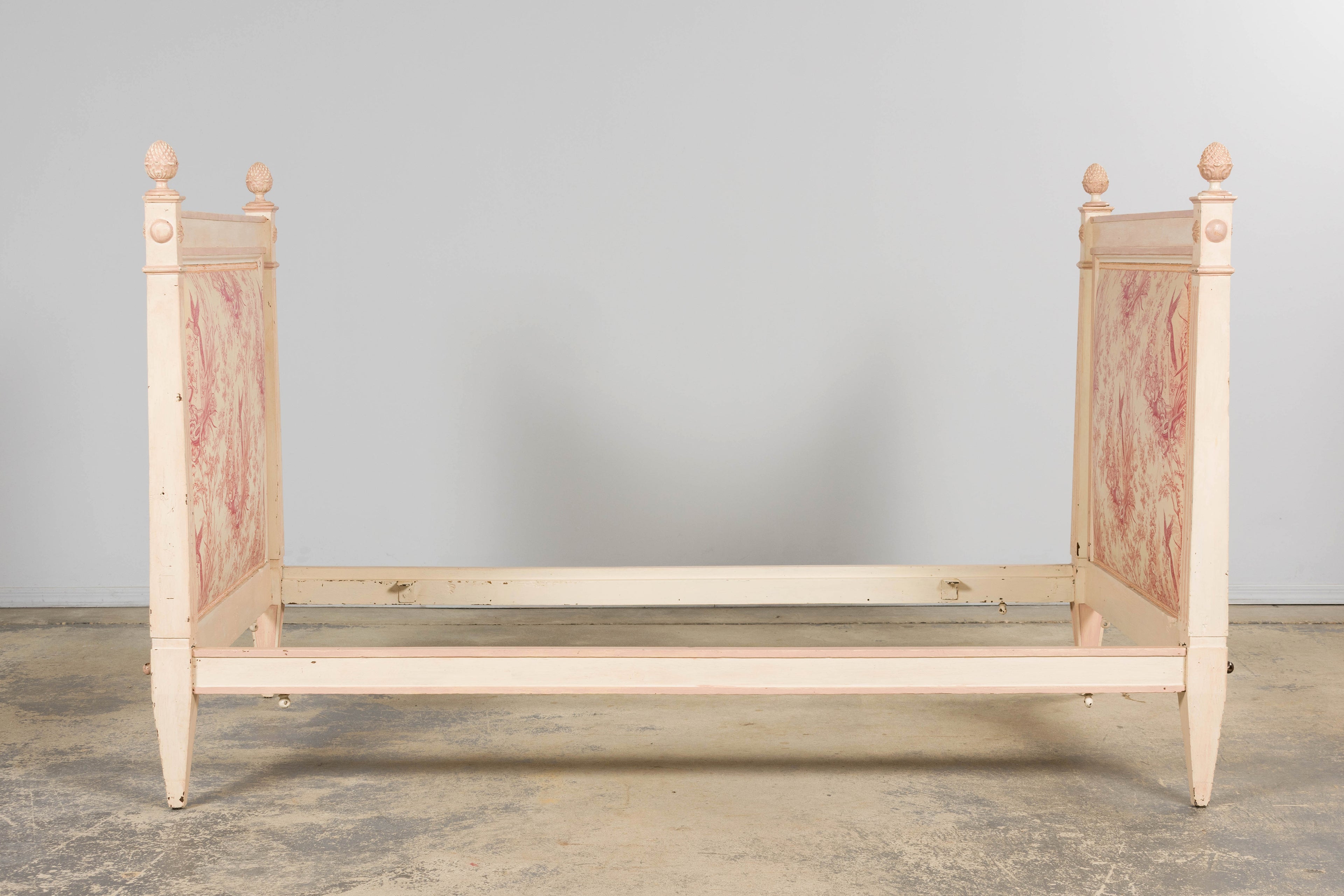 Antique French Louis XVI Style Painted Bed with Toile Panels, 19th Century