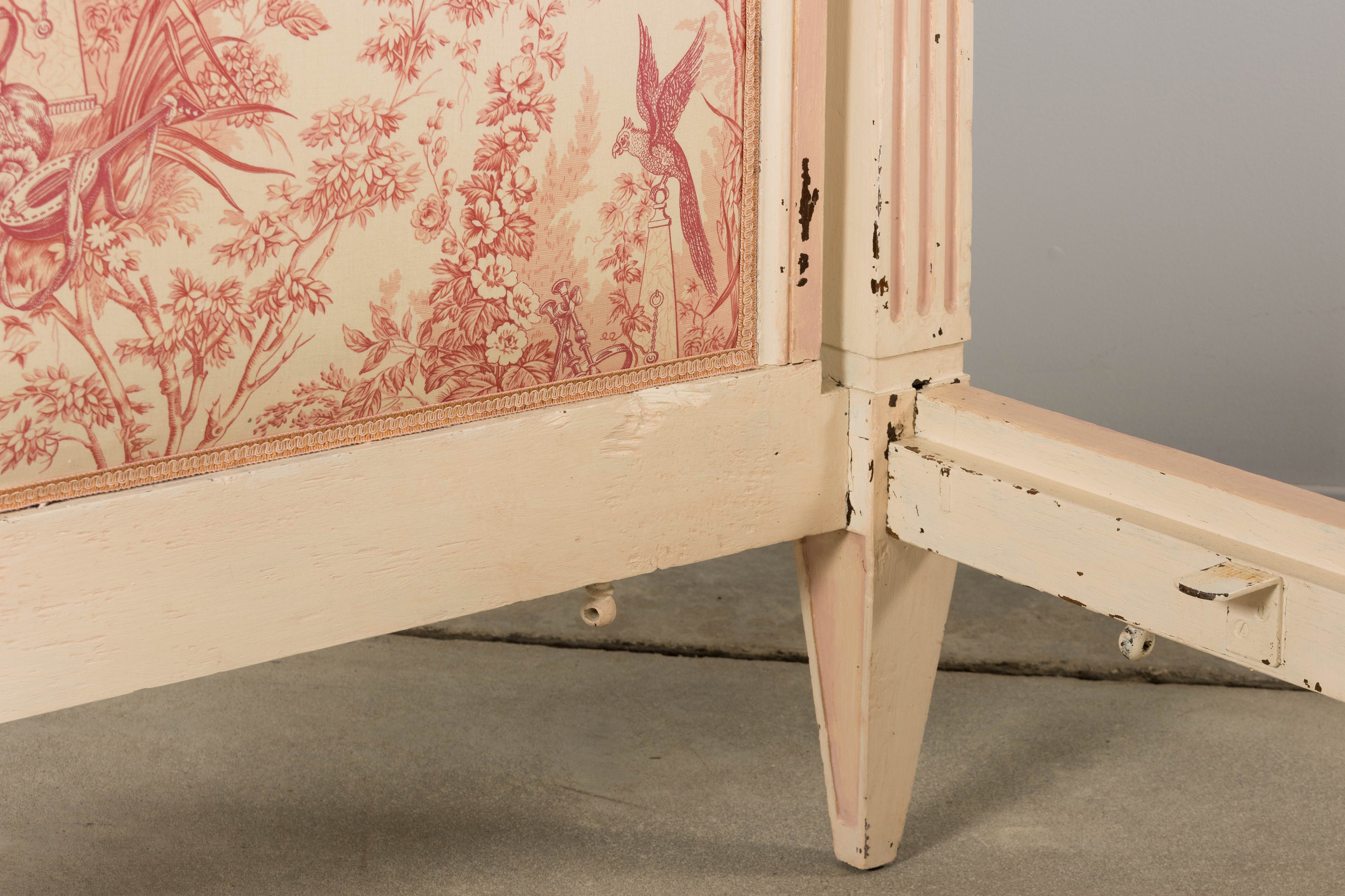 Antique French Louis XVI Style Painted Bed with Toile Panels, 19th Century
