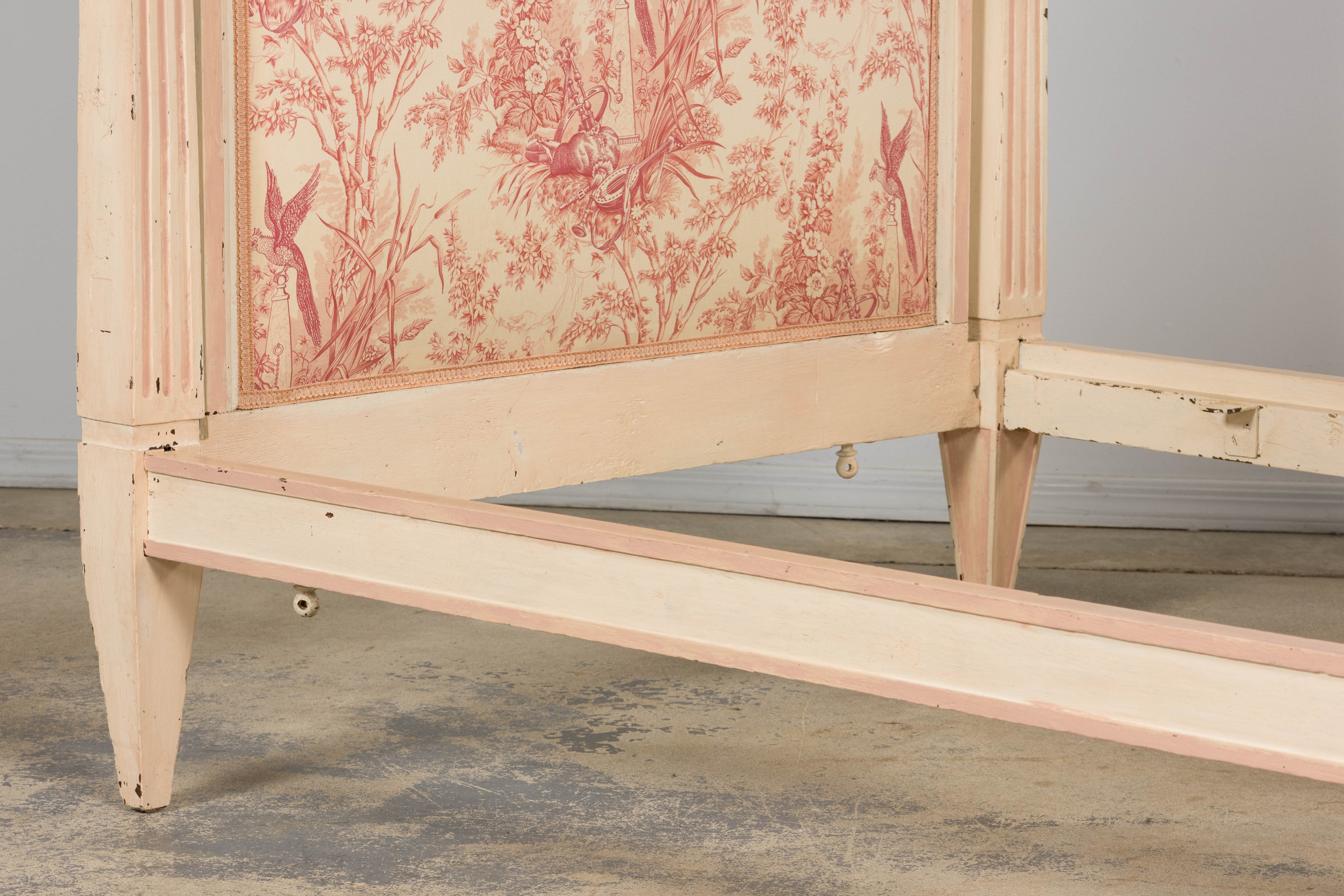 Antique French Louis XVI Style Painted Bed with Toile Panels, 19th Century