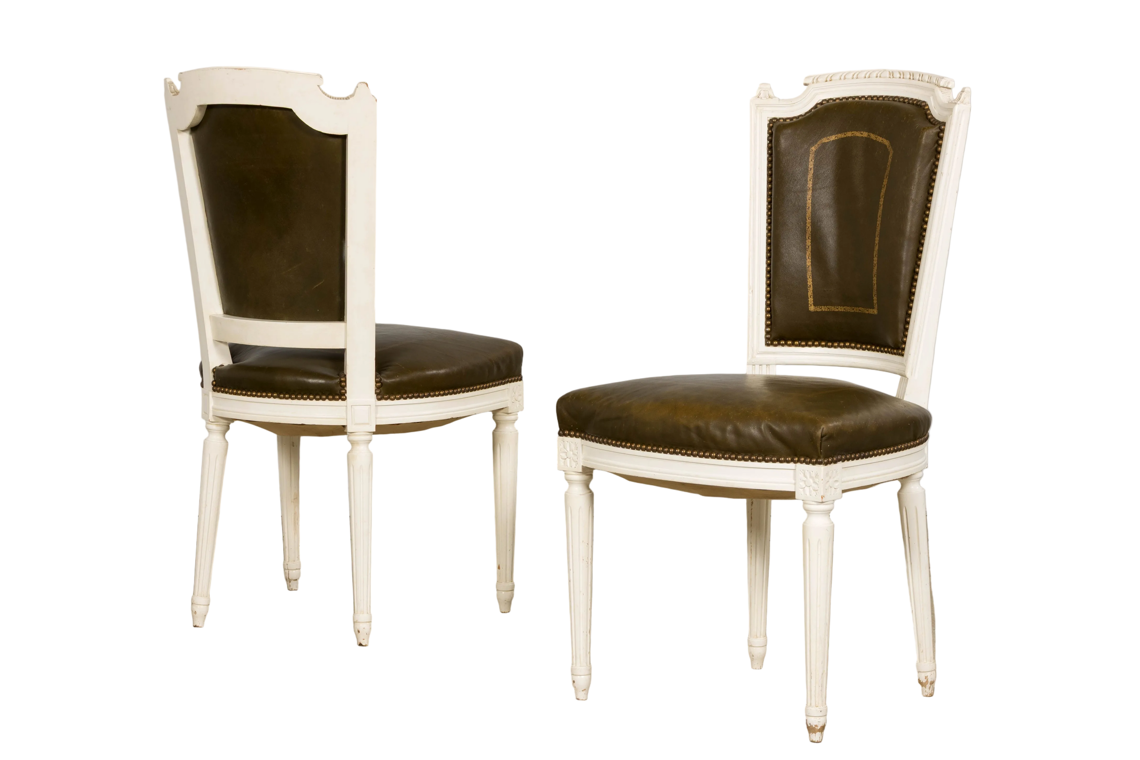 Antique French Louis XVI Style Painted Chairs with Olive Green Leather - A Pair