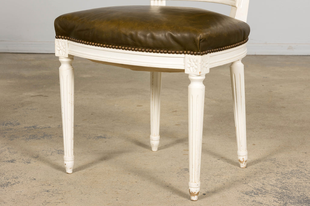 Antique French Louis XVI Style Painted Chairs with Olive Green Leather - A Pair