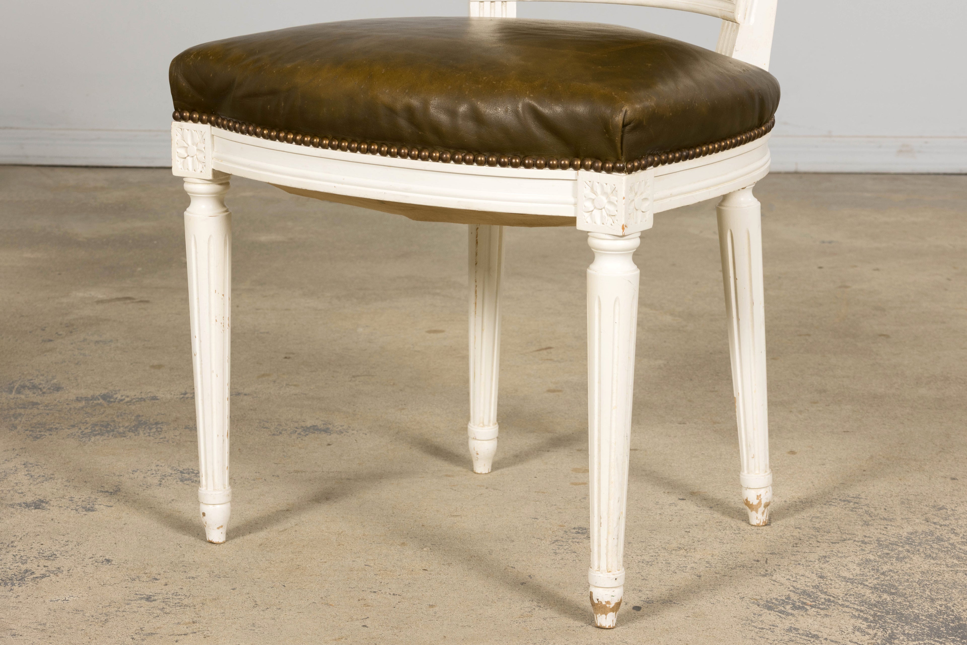 Antique French Louis XVI Style Painted Chairs with Olive Green Leather - A Pair
