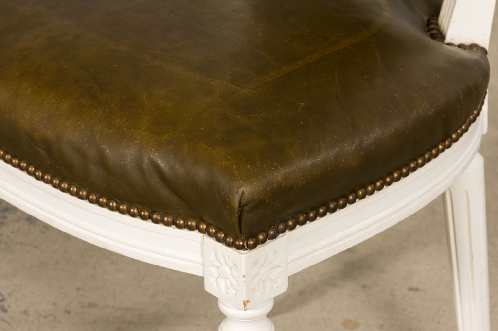 Antique French Louis XVI Style Painted Chairs with Olive Green Leather - A Pair