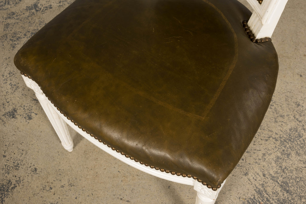 Antique French Louis XVI Style Painted Chairs with Olive Green Leather - A Pair