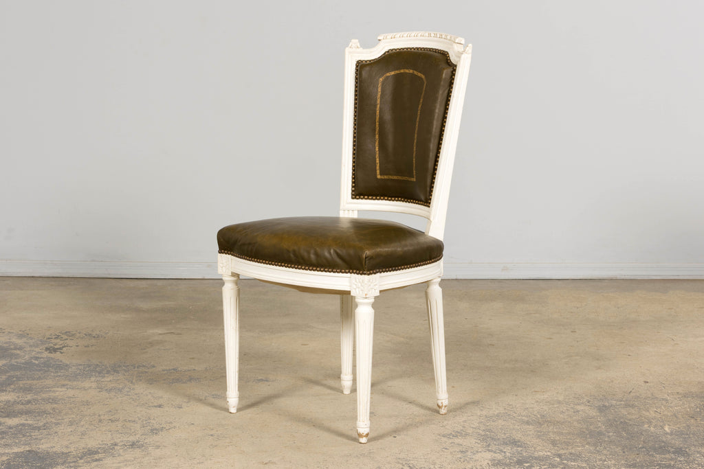 Antique French Louis XVI Style Painted Chairs with Olive Green Leather - A Pair