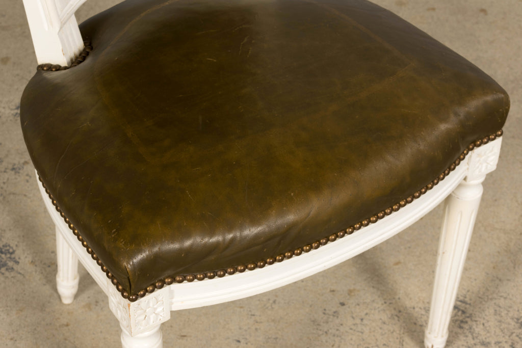 Antique French Louis XVI Style Painted Chairs with Olive Green Leather - A Pair