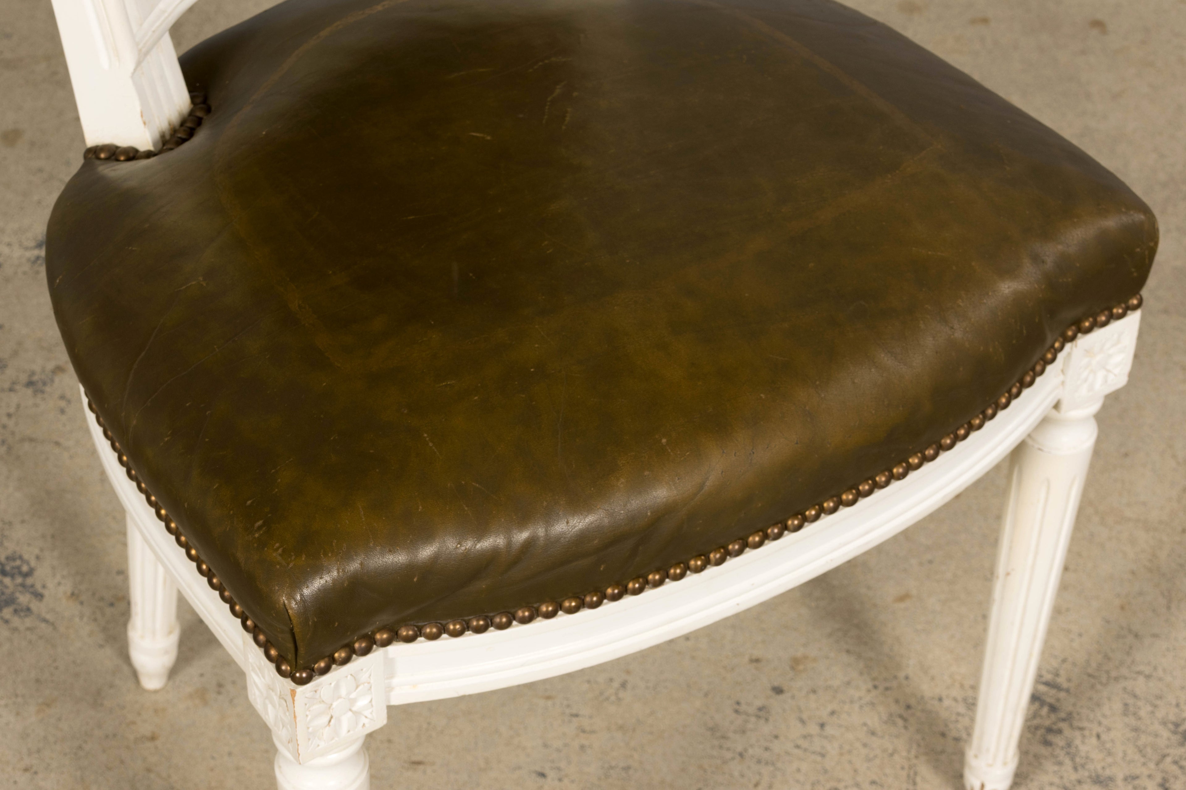 Antique French Louis XVI Style Painted Chairs with Olive Green Leather - A Pair