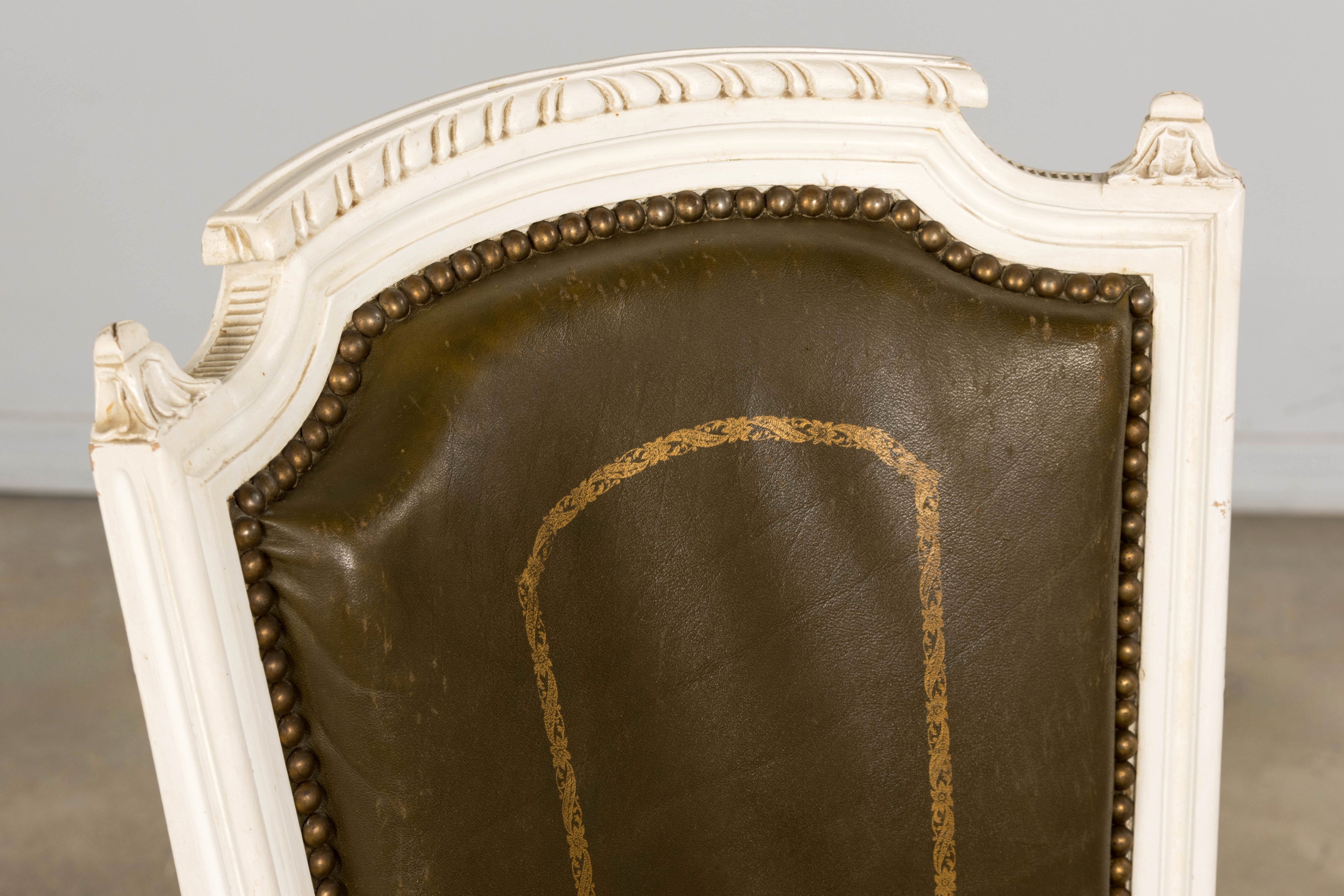 Antique French Louis XVI Style Painted Chairs with Olive Green Leather - A Pair