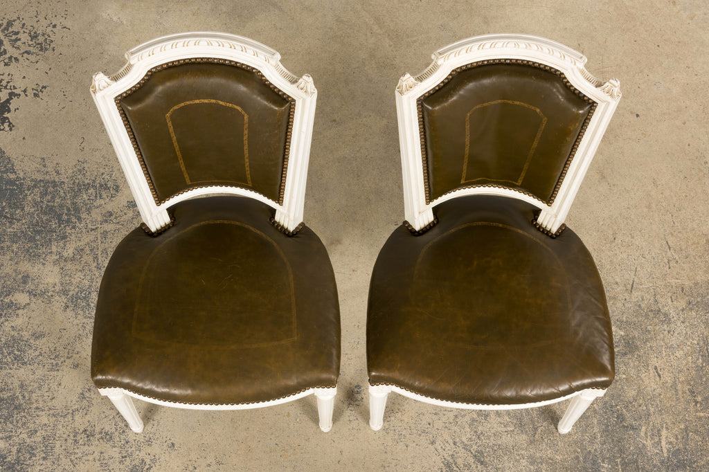Antique French Louis XVI Style Painted Chairs with Olive Green Leather - A Pair