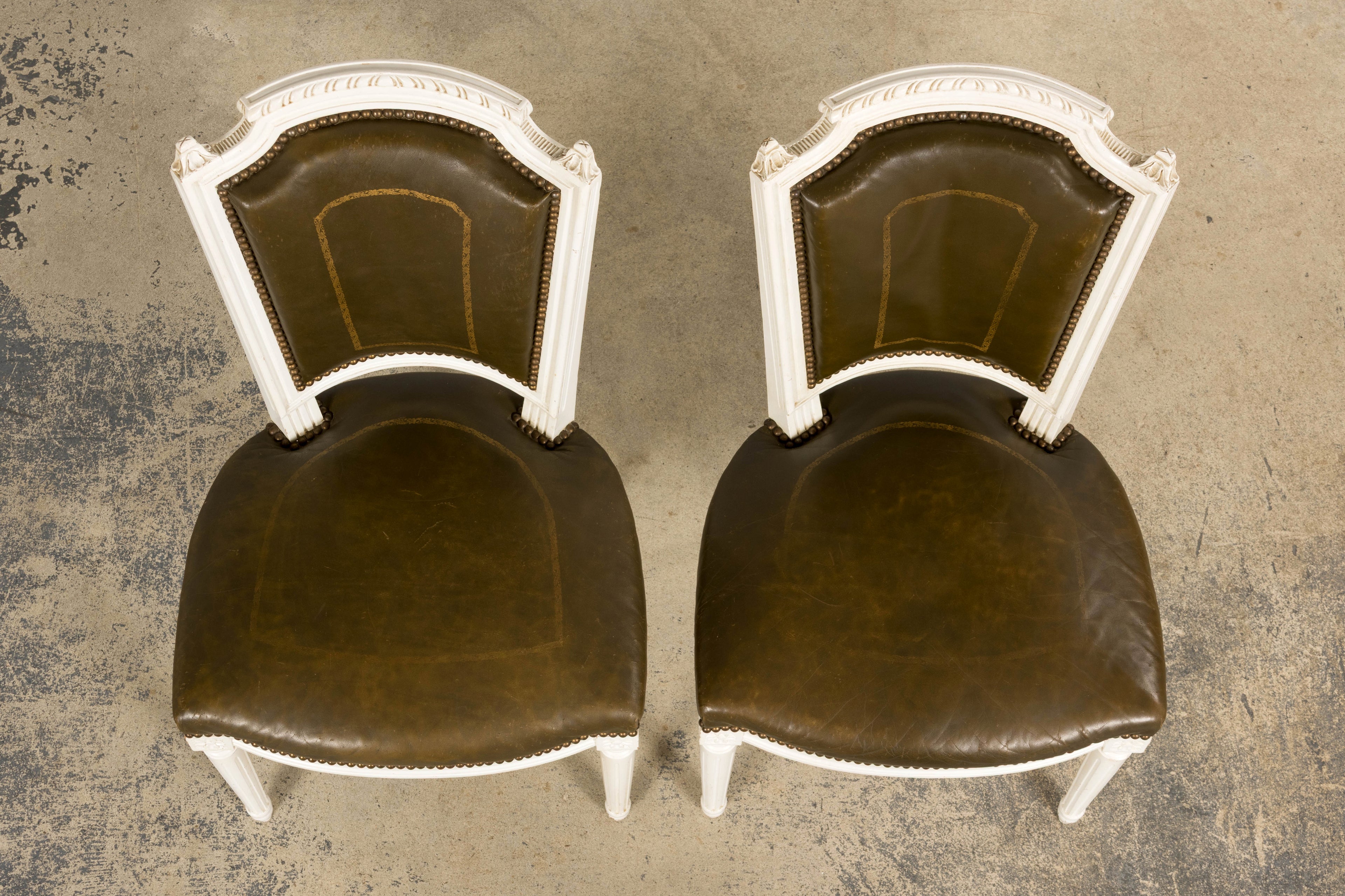Antique French Louis XVI Style Painted Chairs with Olive Green Leather - A Pair