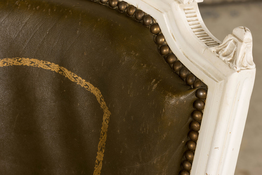 Antique French Louis XVI Style Painted Chairs with Olive Green Leather - A Pair