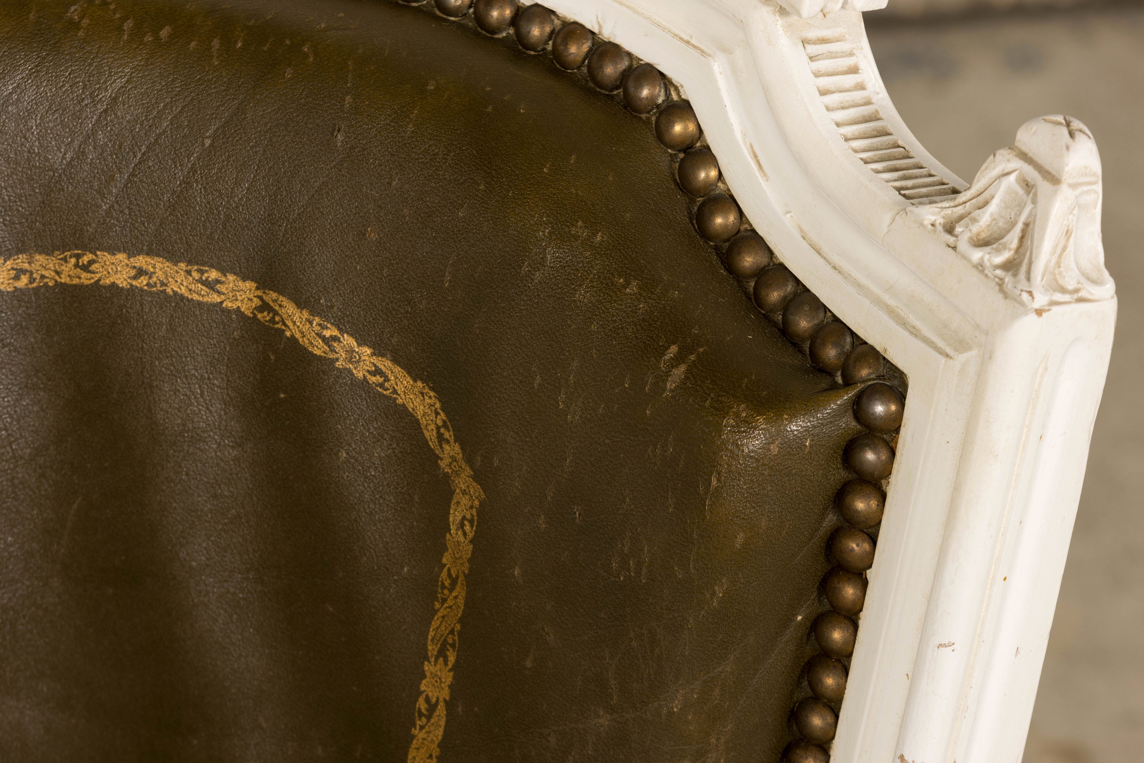 Antique French Louis XVI Style Painted Chairs with Olive Green Leather - A Pair