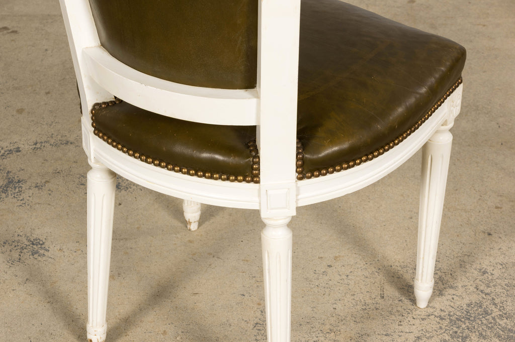 Antique French Louis XVI Style Painted Chairs with Olive Green Leather - A Pair