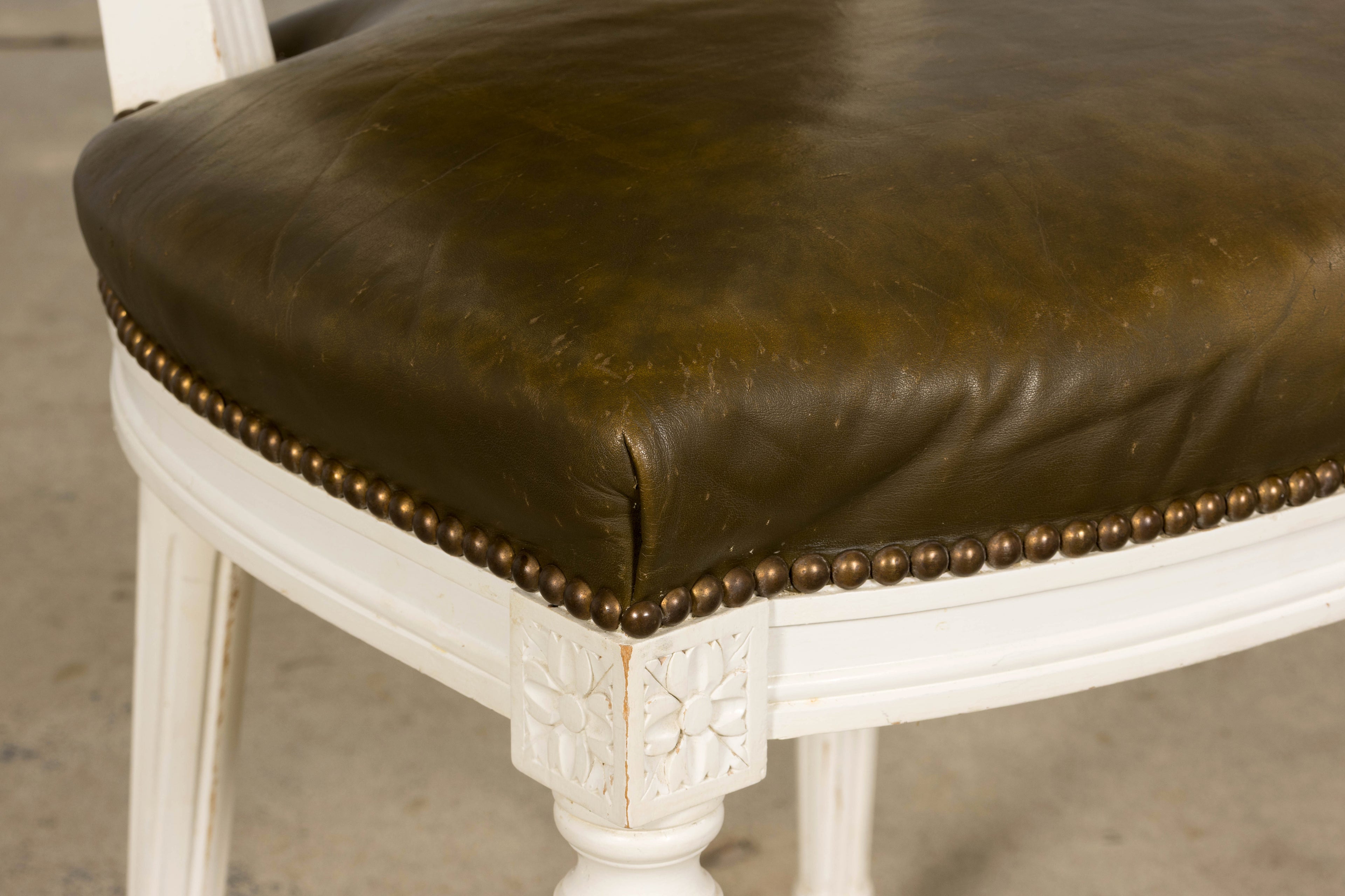 Antique French Louis XVI Style Painted Chairs with Olive Green Leather - A Pair