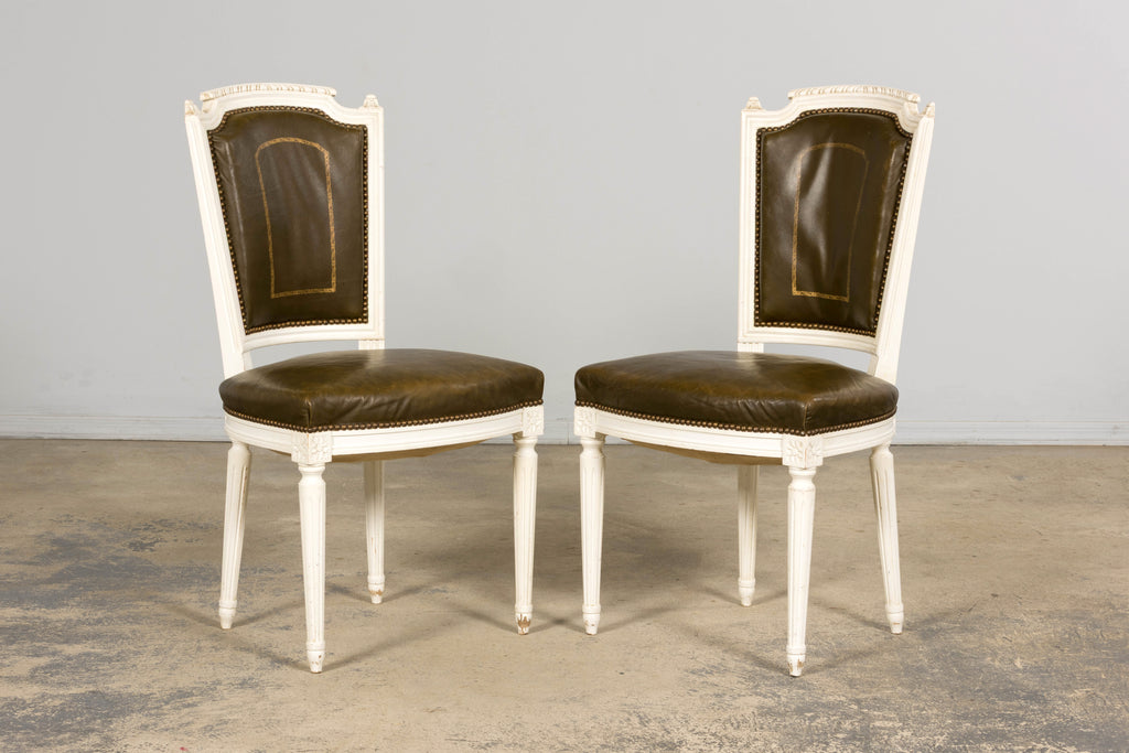 Antique French Louis XVI Style Painted Chairs with Olive Green Leather - A Pair