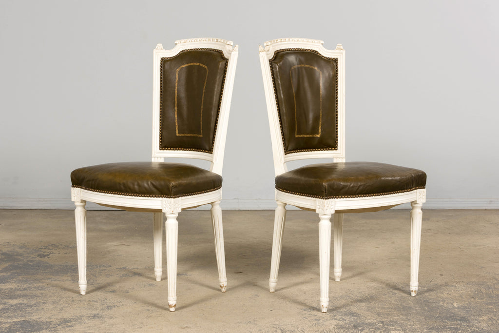 Antique French Louis XVI Style Painted Chairs with Olive Green Leather - A Pair