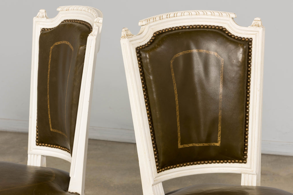 Antique French Louis XVI Style Painted Chairs with Olive Green Leather - A Pair
