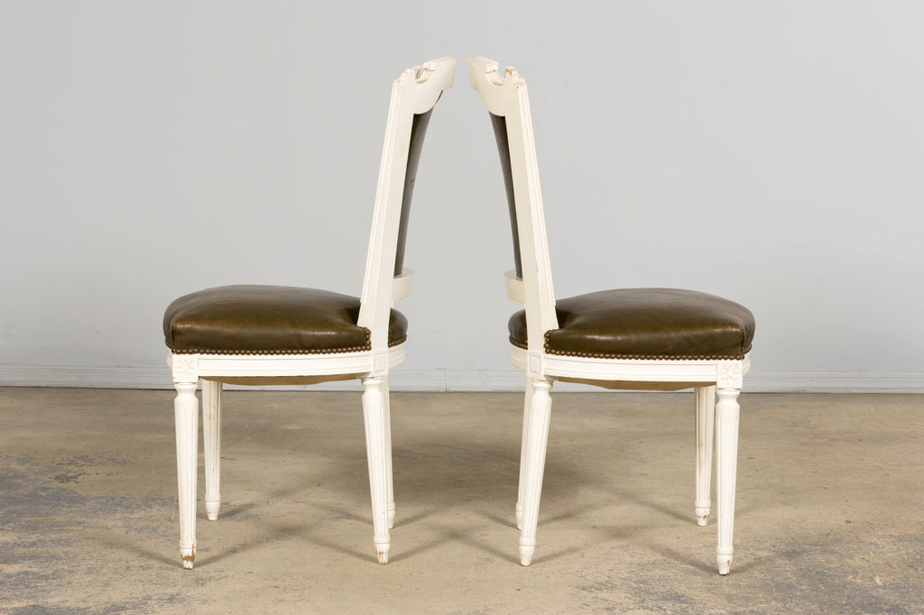 Antique French Louis XVI Style Painted Chairs with Olive Green Leather - A Pair