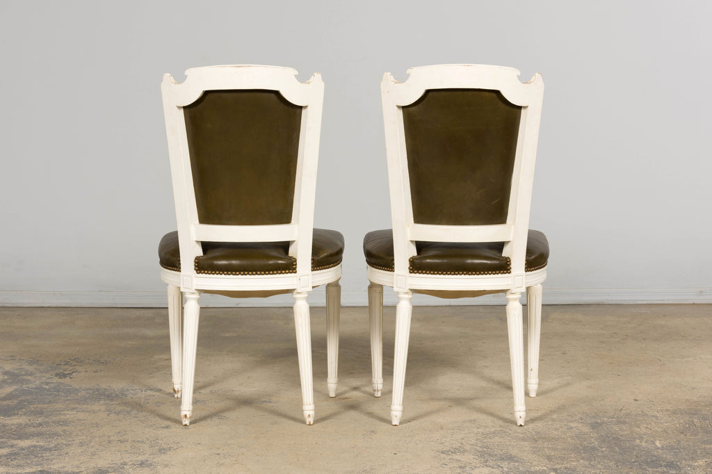 Antique French Louis XVI Style Painted Chairs with Olive Green Leather - A Pair