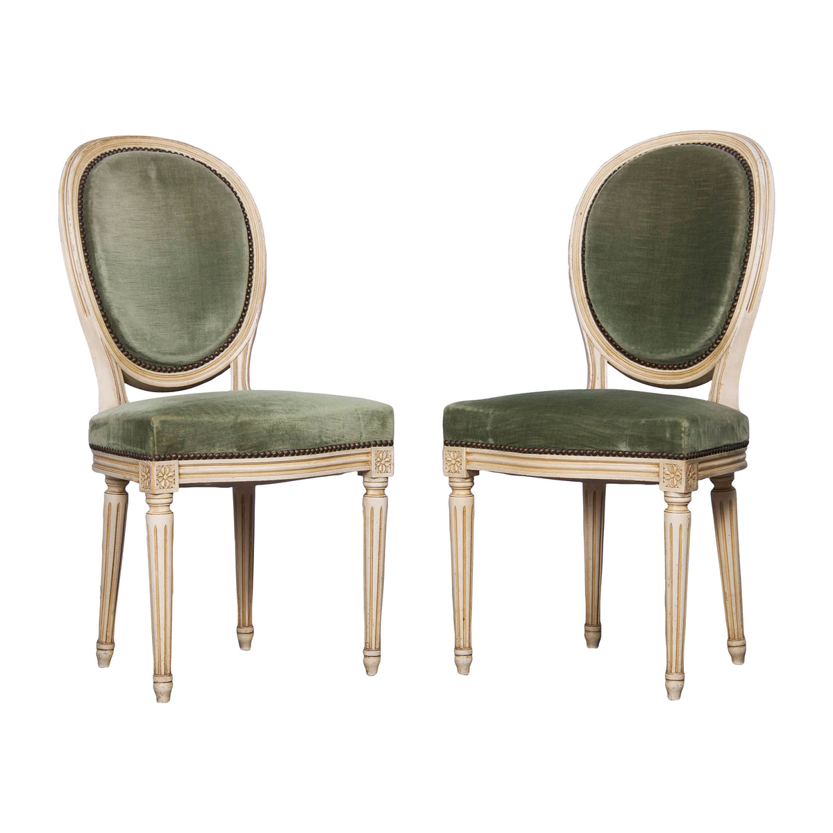 Antique French Louis XVI Style Painted Side Chairs W/ Green Velvet - A Pair