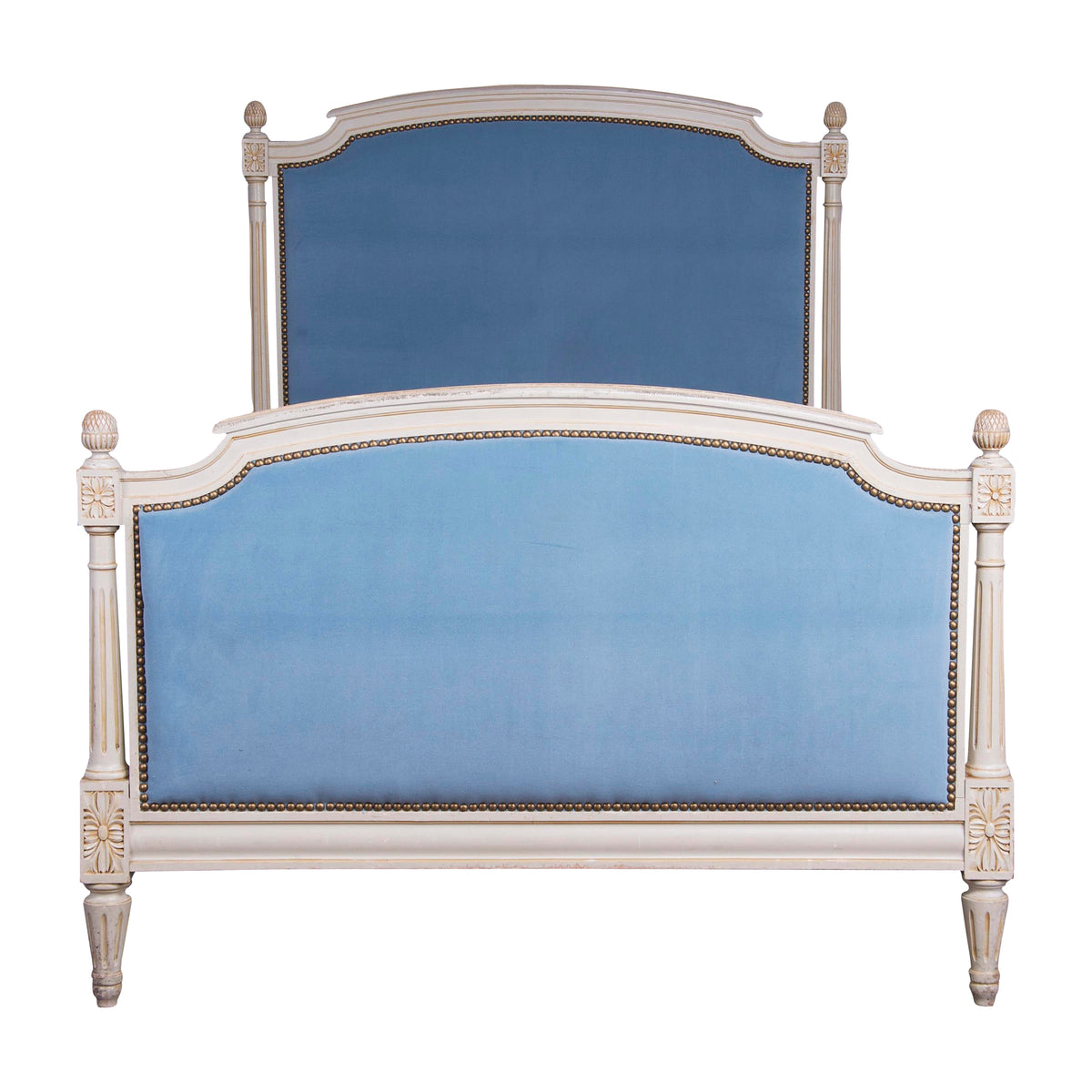 Antique French Louis XVI Style Painted Twinsize Bedframe W/ Blue Velvet