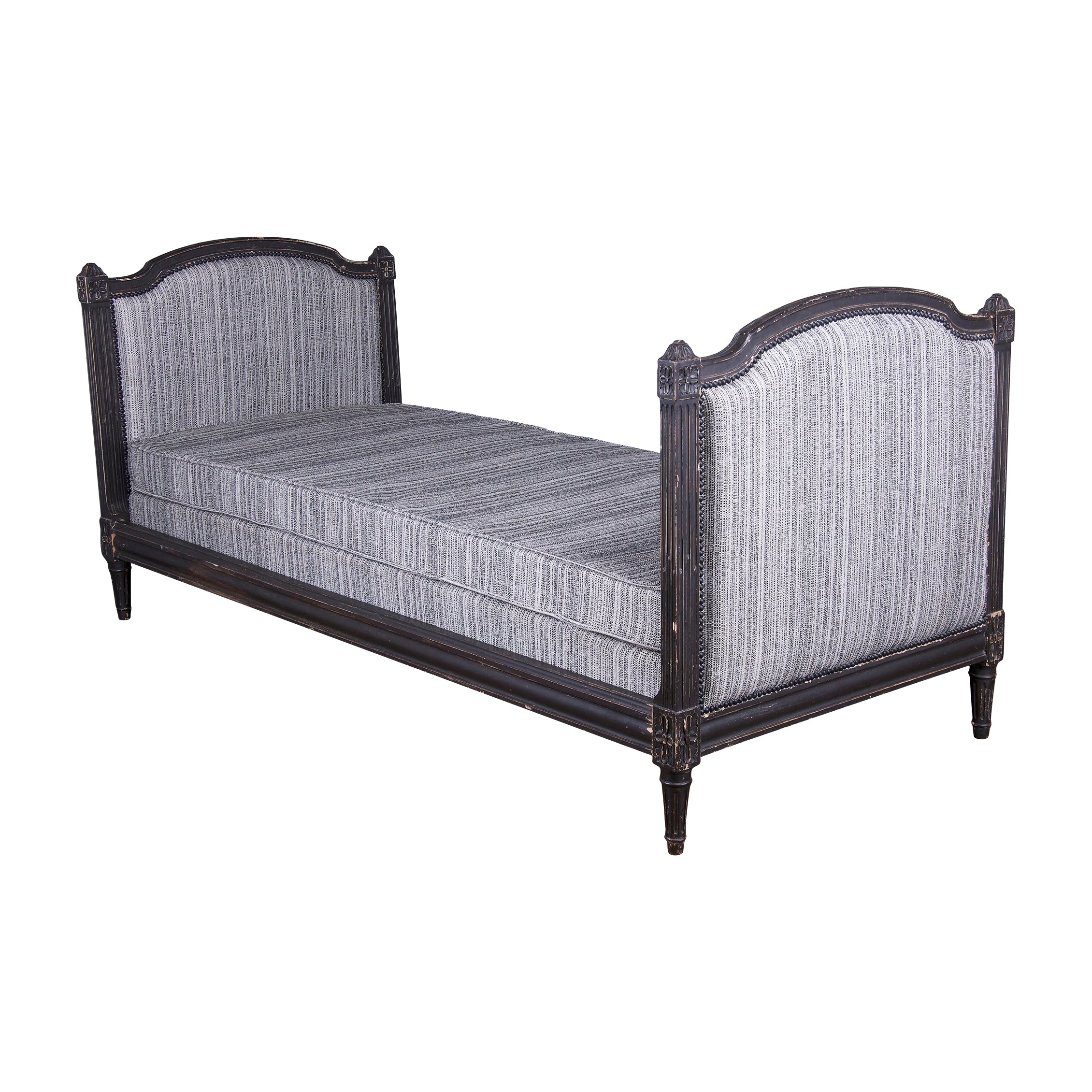 Antique French Louis XVI Style Painted in Black Daybed W/ Tweed Fabric
