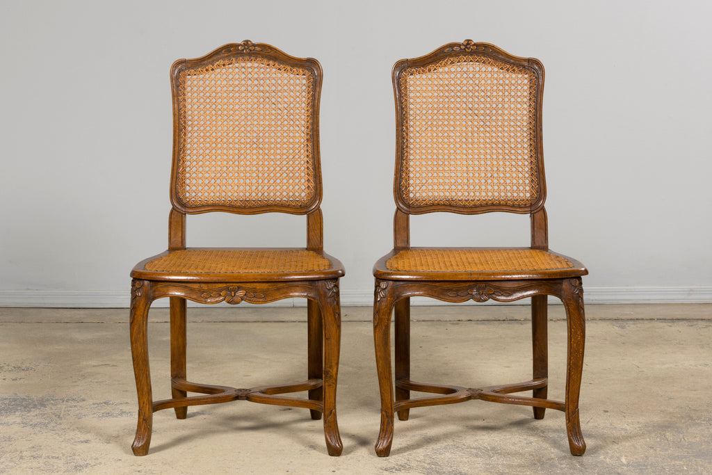 Antique French Louis XV Style Provincial Walnut Cane Dining Chairs, Set of 12