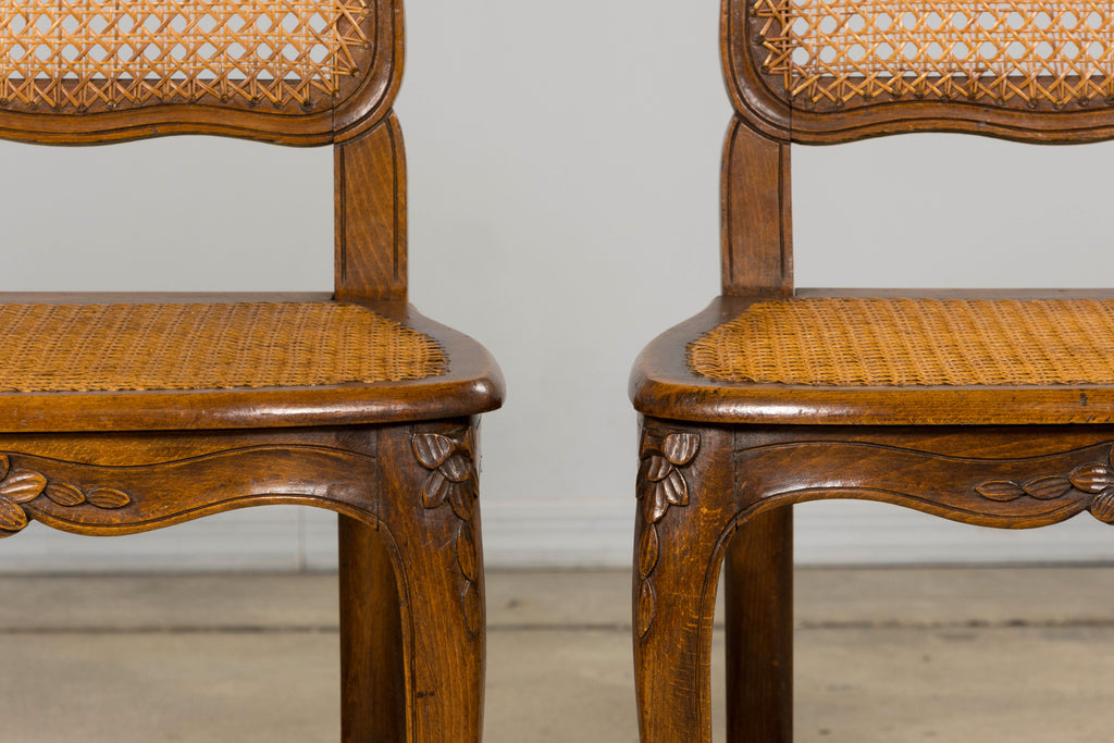 Antique French Louis XV Style Provincial Walnut Cane Dining Chairs, Set of 12