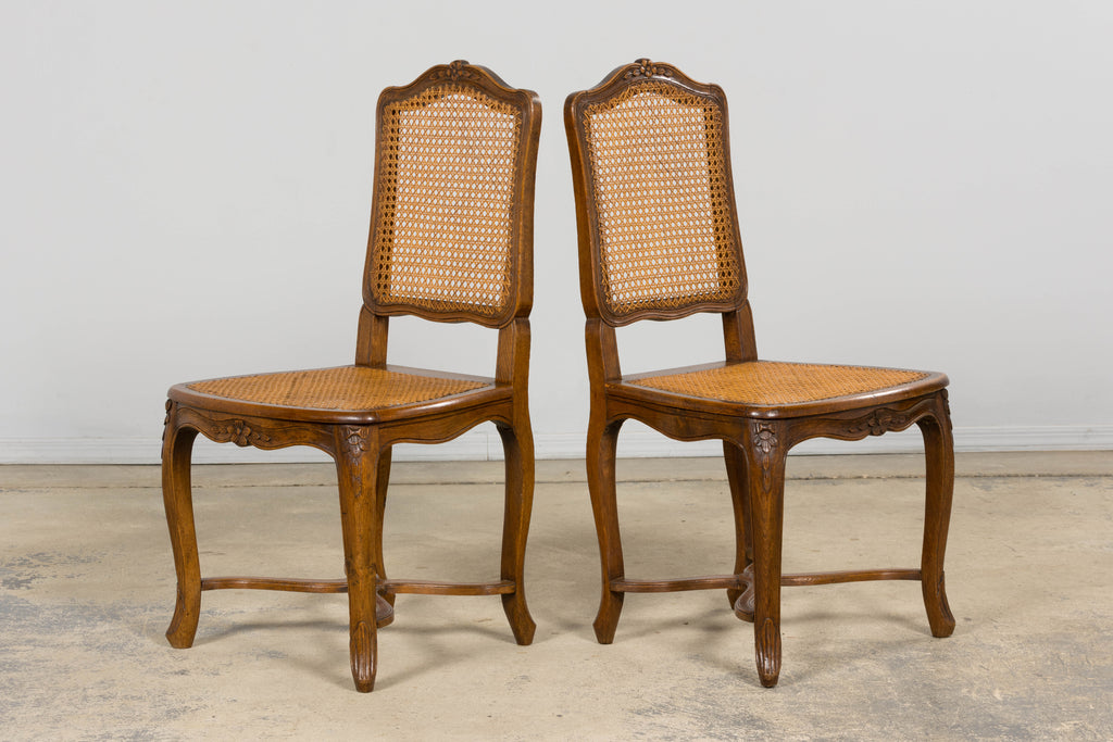 Antique French Louis XV Style Provincial Walnut Cane Dining Chairs, Set of 12