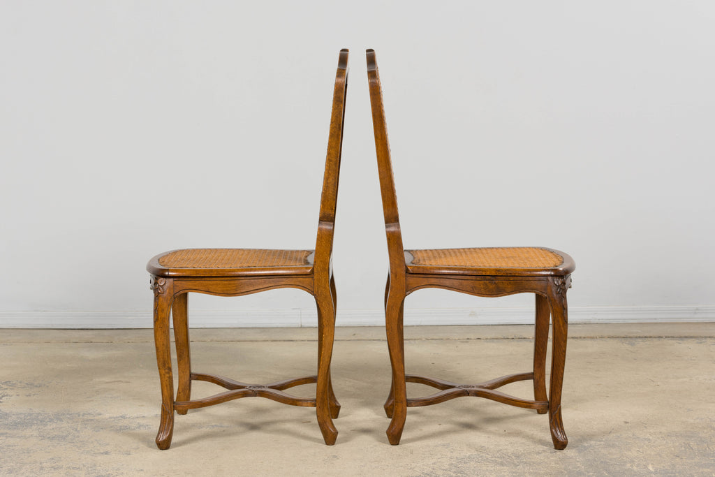Antique French Louis XV Style Provincial Walnut Cane Dining Chairs, Set of 12