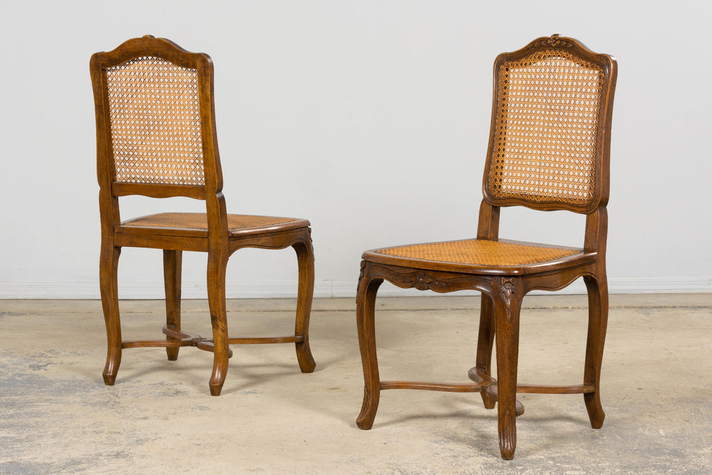 Antique French Louis XV Style Provincial Walnut Cane Dining Chairs, Set of 12
