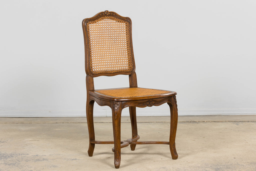 Antique French Louis XV Style Provincial Walnut Cane Dining Chairs, Set of 12