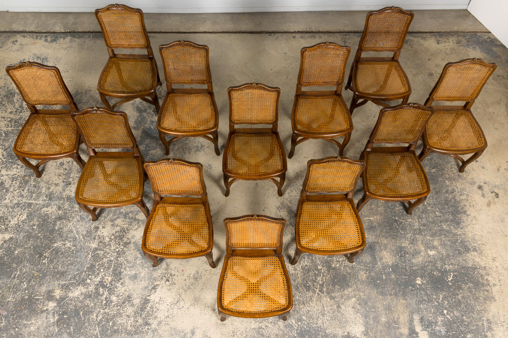 Antique French Louis XV Style Provincial Walnut Cane Dining Chairs, Set of 12