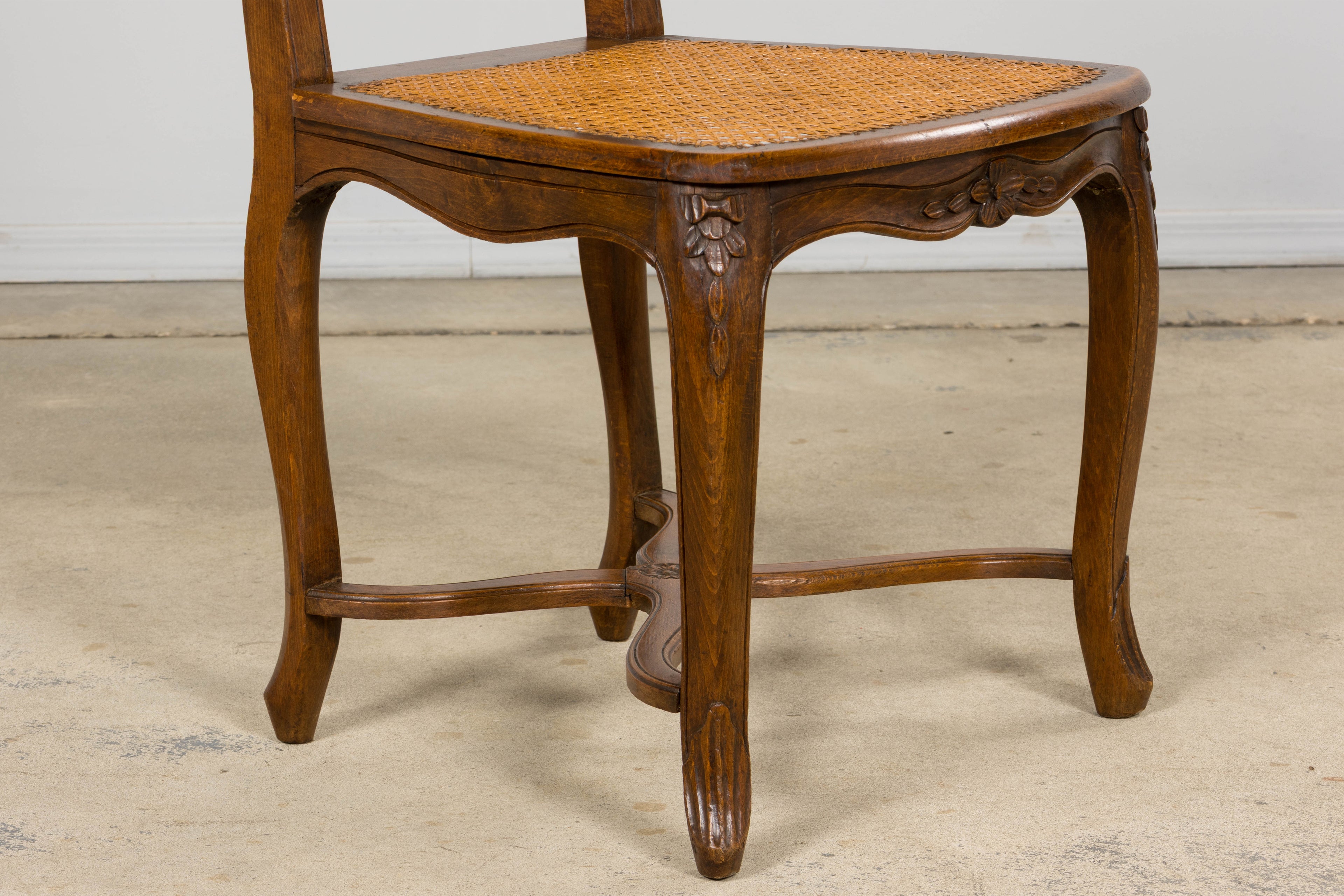 Antique French Louis XV Style Provincial Walnut Cane Dining Chairs, Set of 12