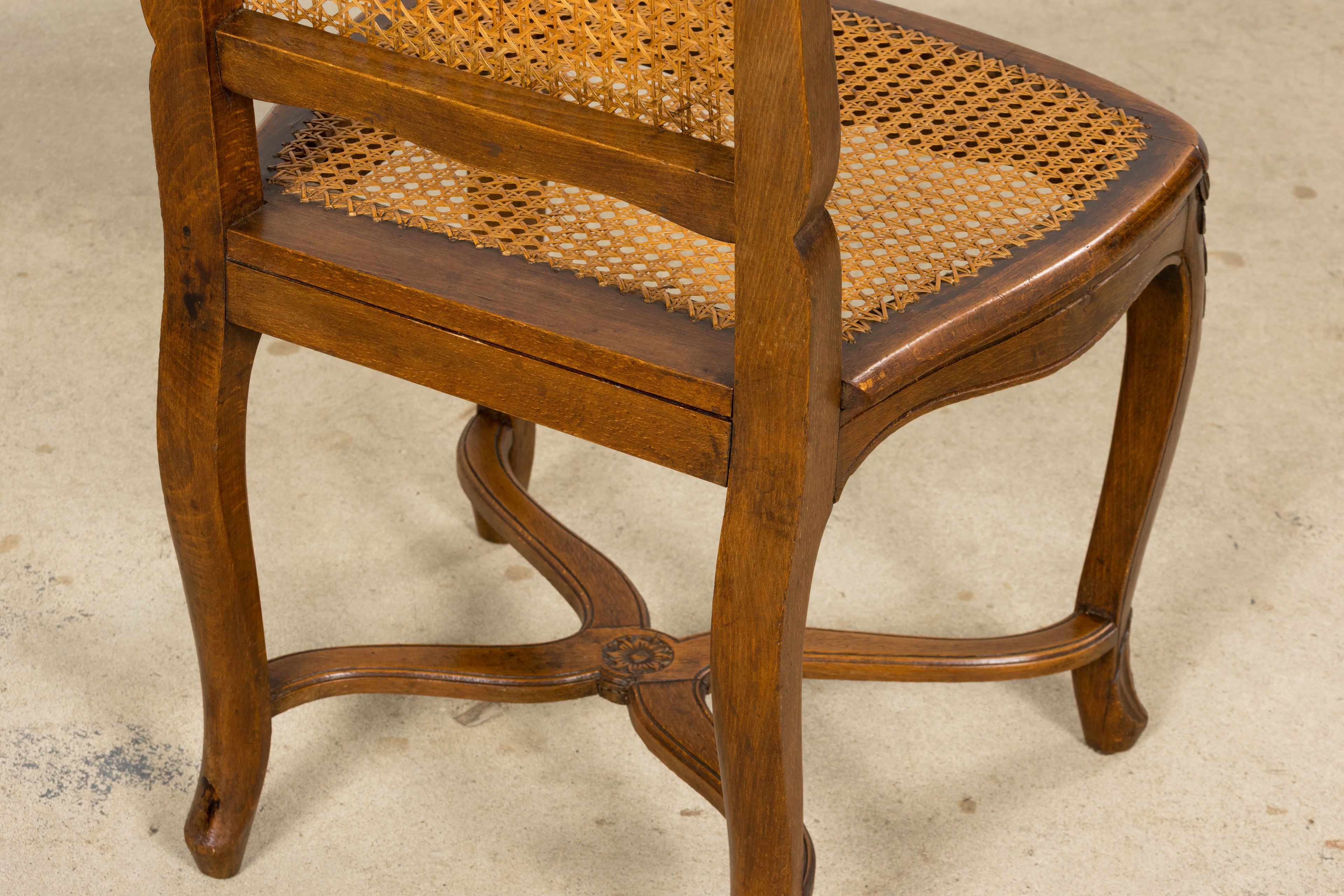 Antique French Louis XV Style Provincial Walnut Cane Dining Chairs, Set of 12